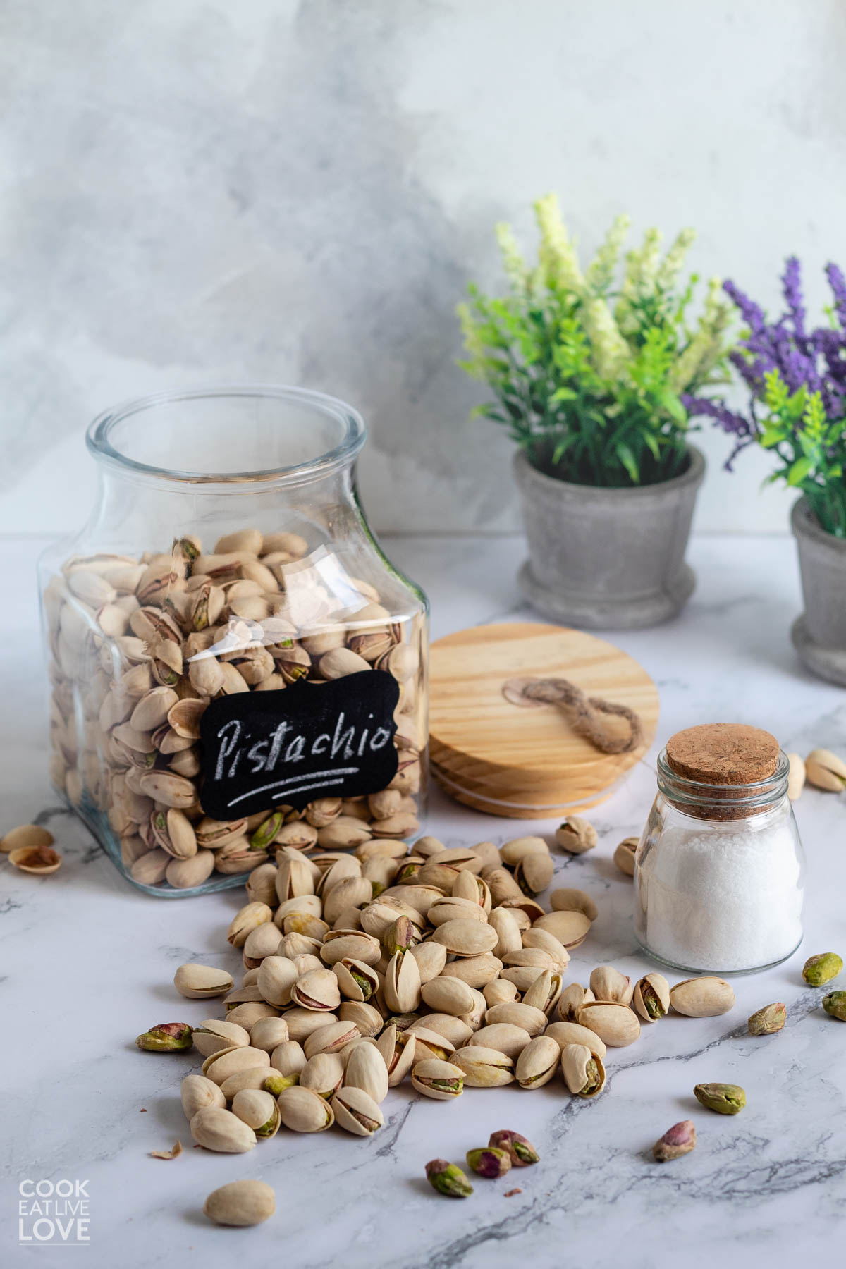 Ingredients needed to make pistachio butter.