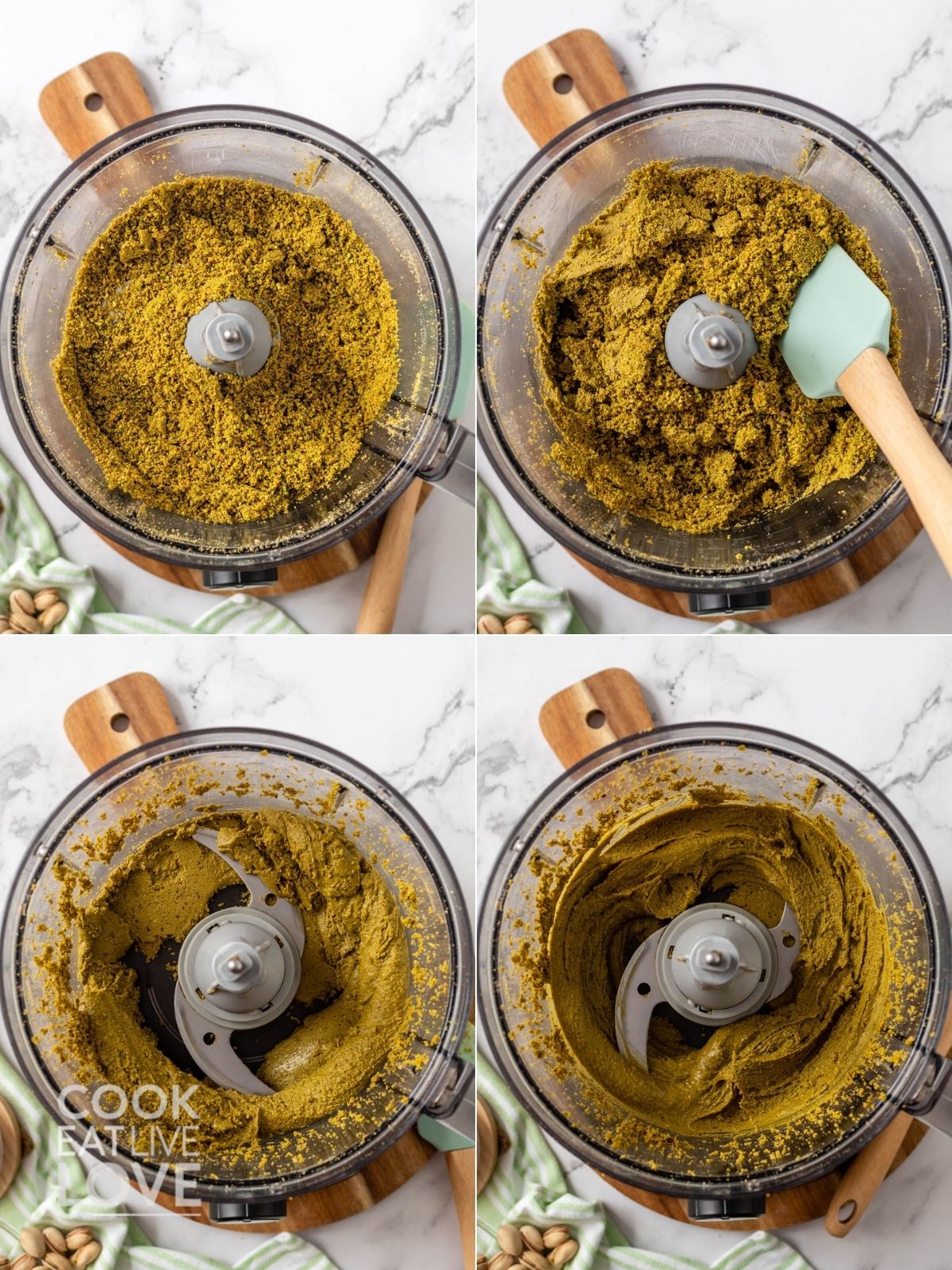 Collage of making pistachio butter at different stages of mixing.