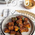 Pin for pinterest graphic with image of smoked tofu on a plate with the text "smoked tofu" on top.