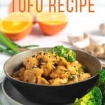 Pin for pinterest graphic with tofu in a bowl and text on top.