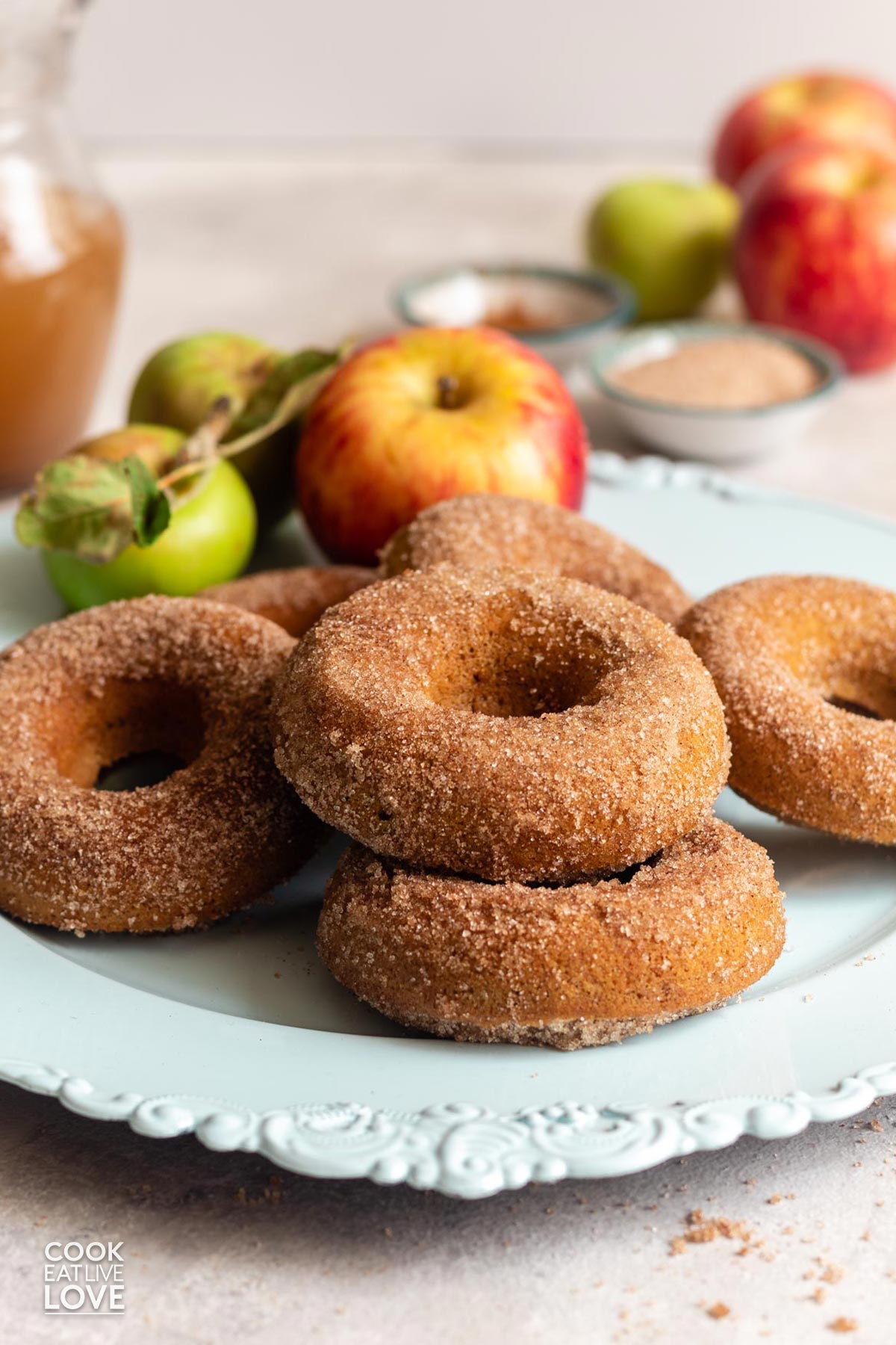 Apple cider doughnuts with sugar cinnamon coating on a blue platter.