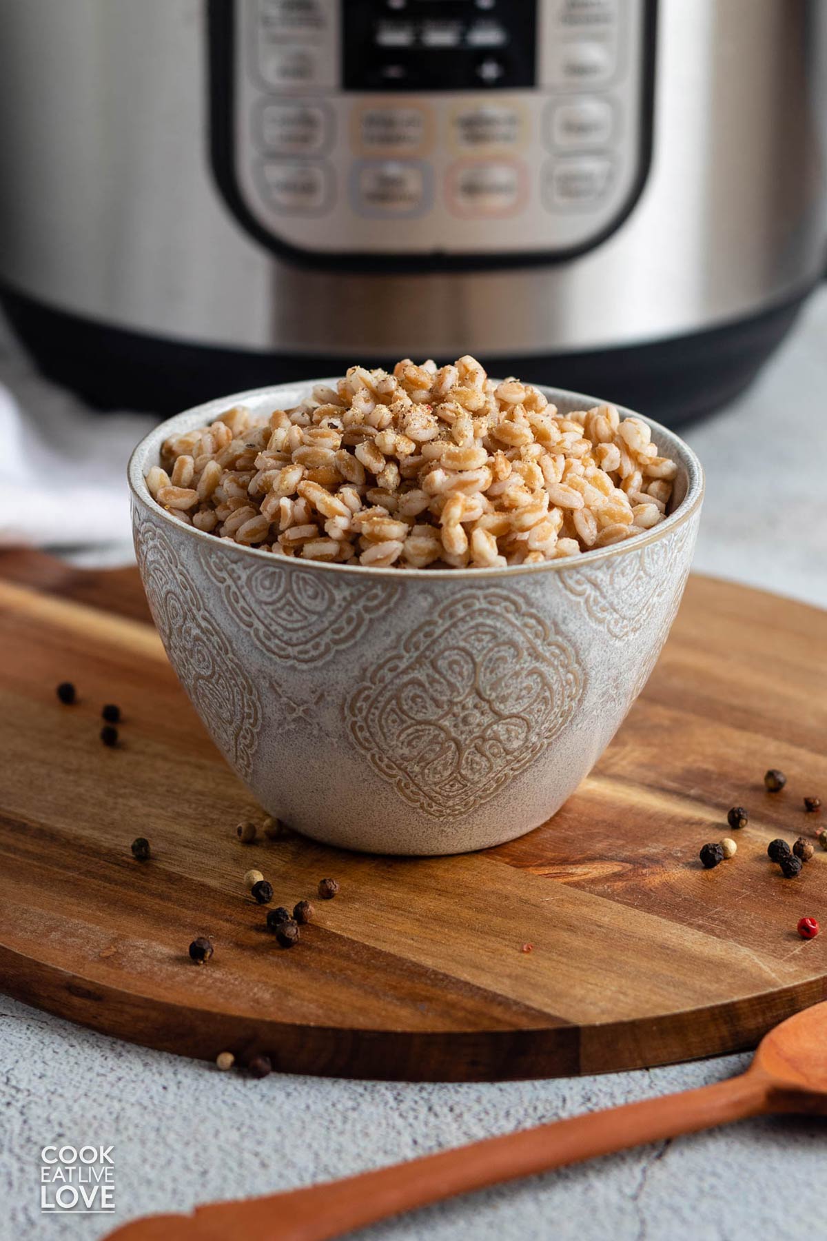 Bowl of cooked farro in front of the instant pot.