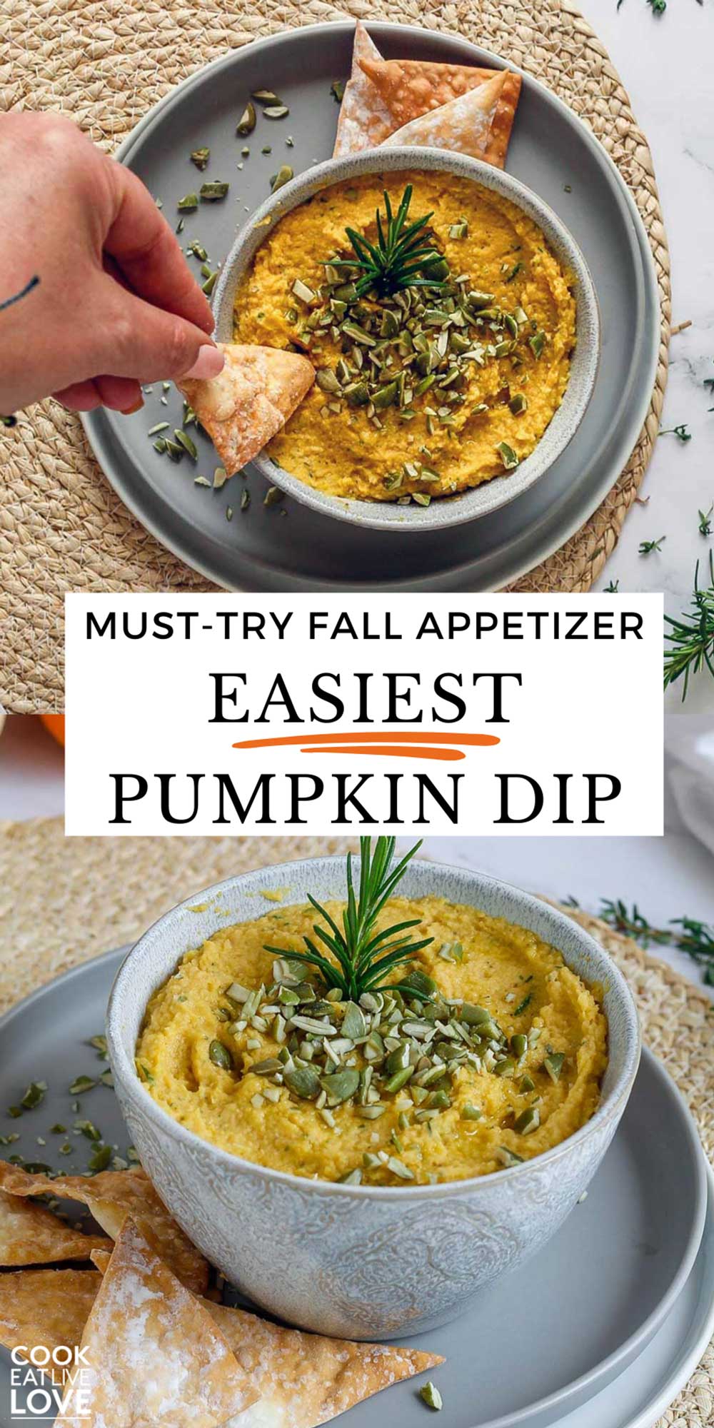 Pin for pinterest graphic with images of pumpkin dip with text on top.