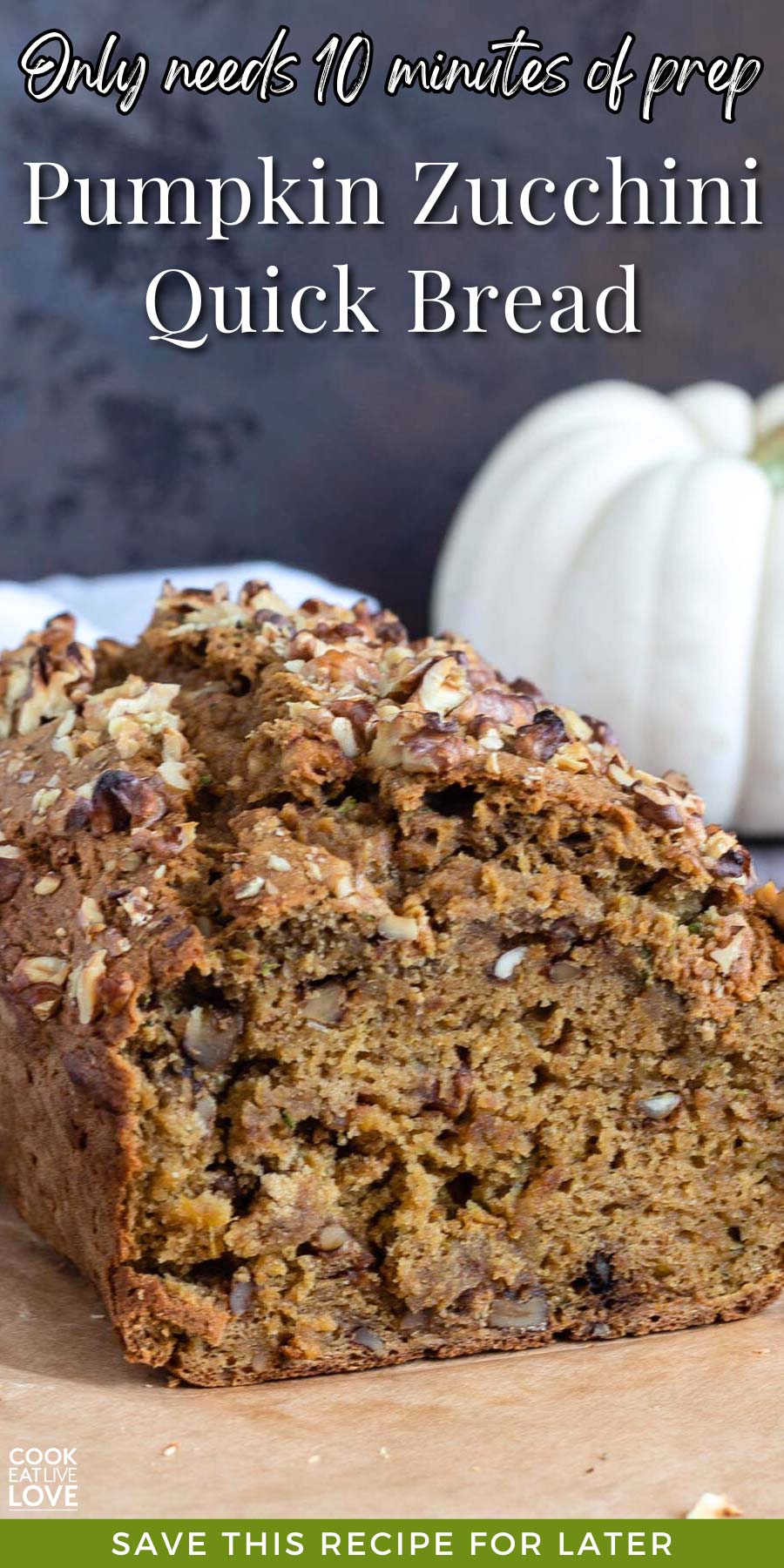 PIn for pinterest graphic with image of pumpkin bread with zucchini and text on top.