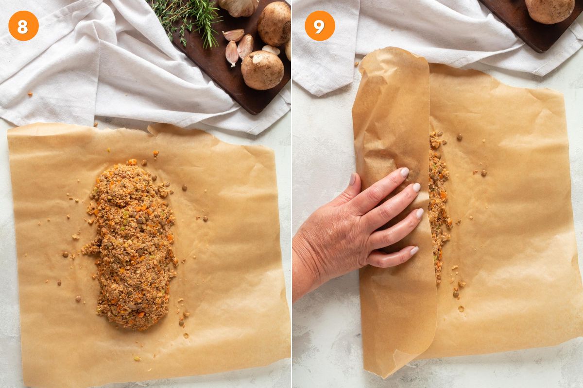 Lentil loaf on a piece of parchment to shape and then rolled up.