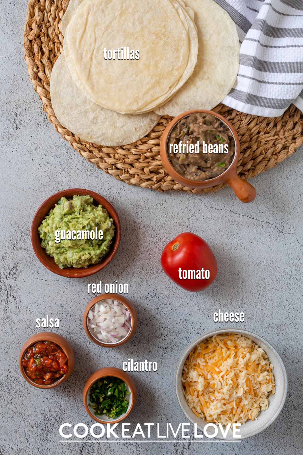 Ingredients for air fryer quesadillas on the table with text labels.