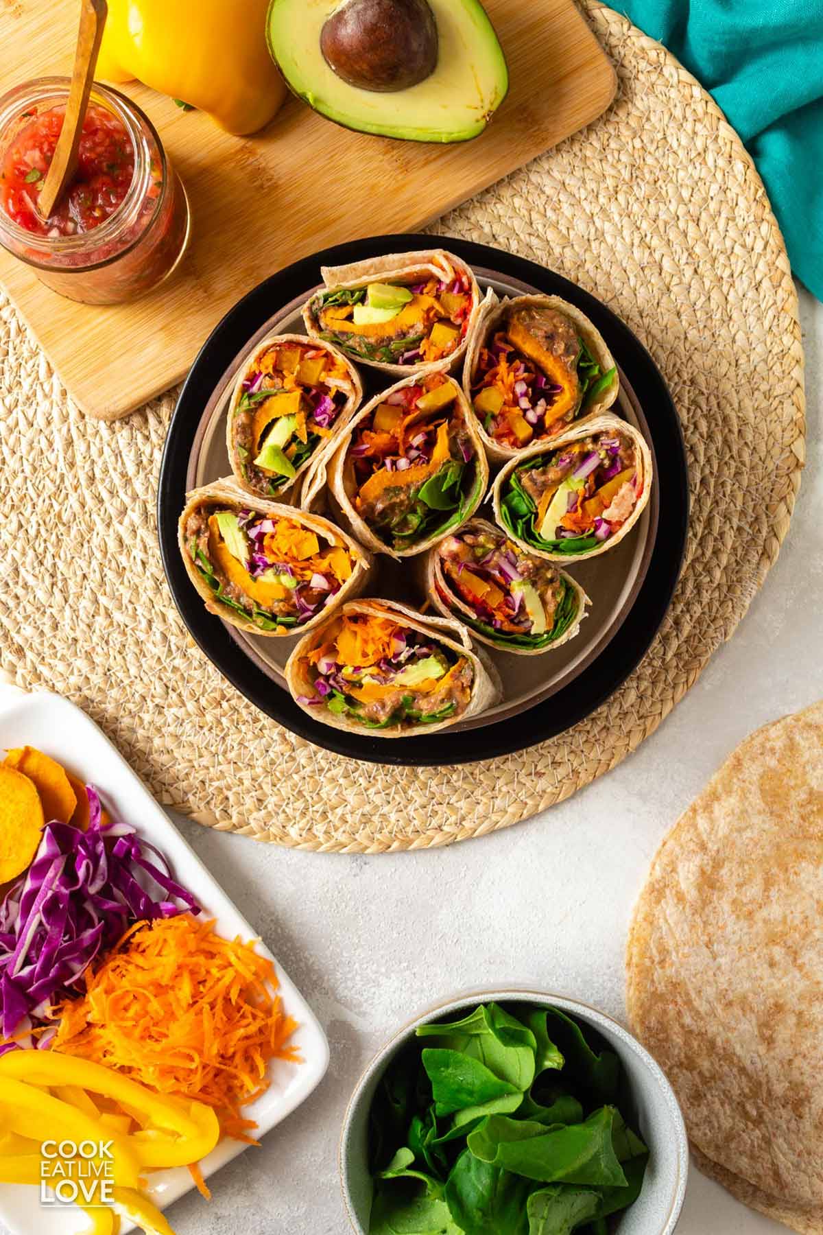 Overhead view of southwest veggie wraps in a bowl.