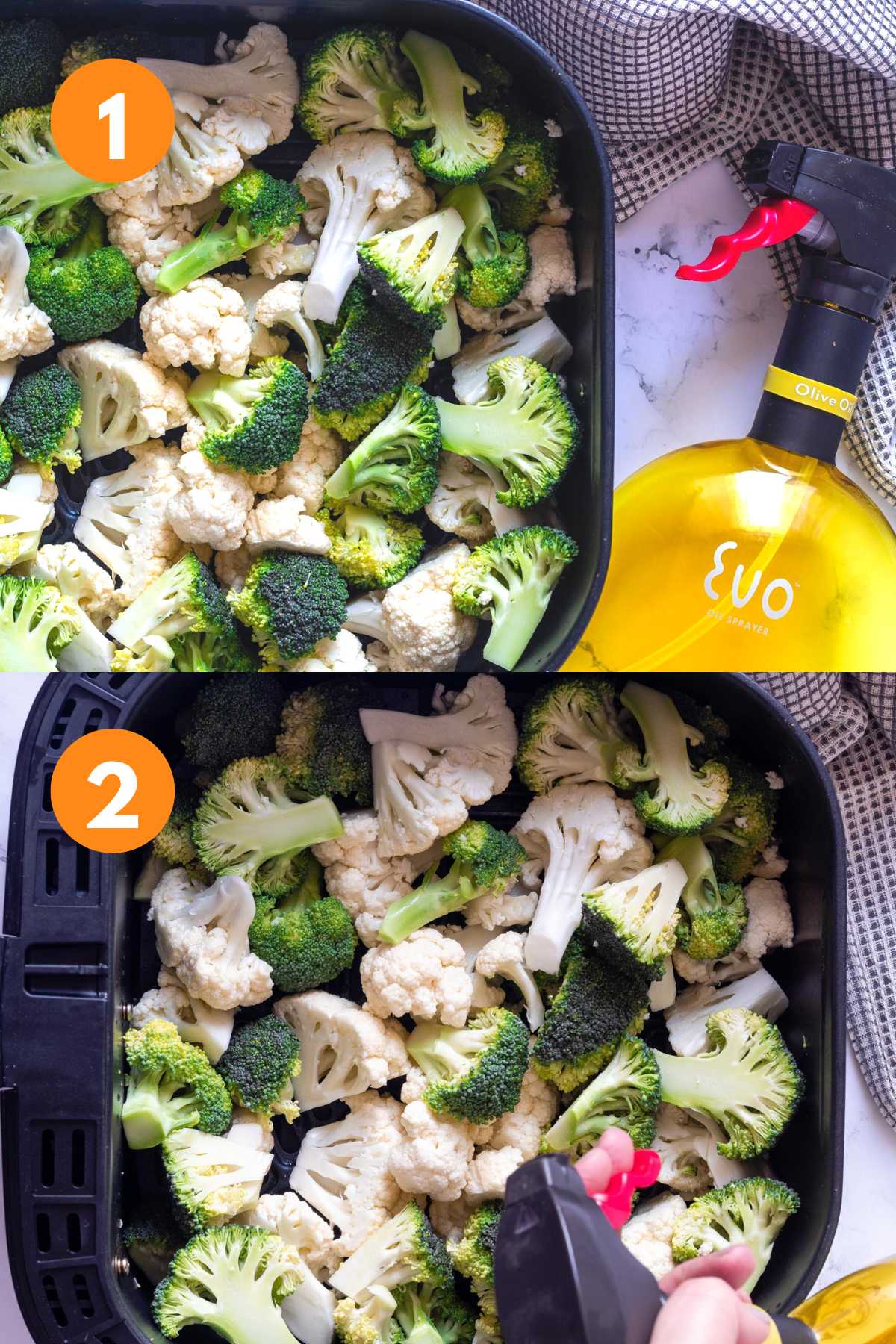 Collage of adding broccoli and cauliflower to the air fryer basket and spraying with oil.