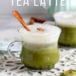 Pin for pinterest graphic with image of matcha chai latte on the table with text on top.