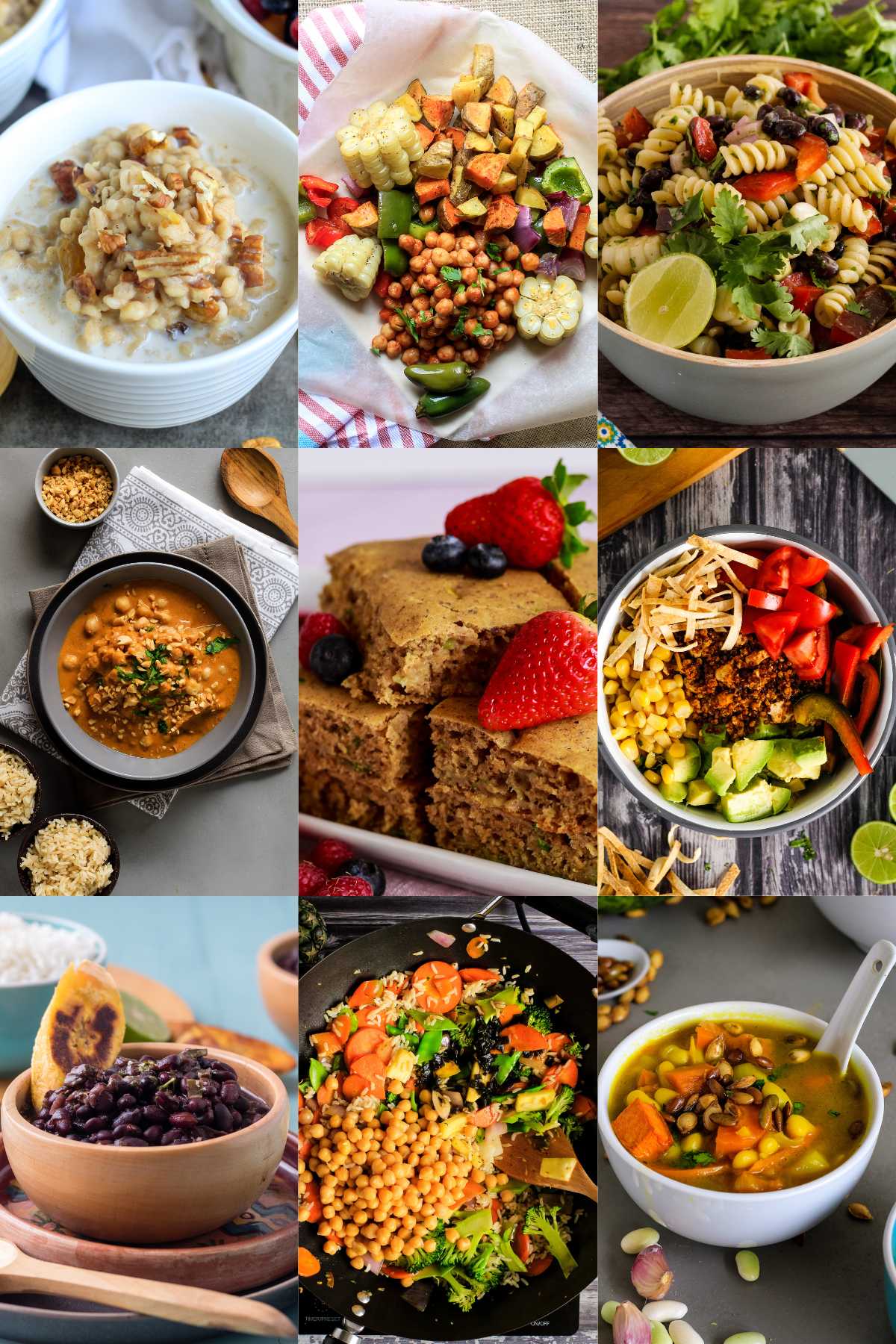 A collage of images showing different plant-based meal prep meals.