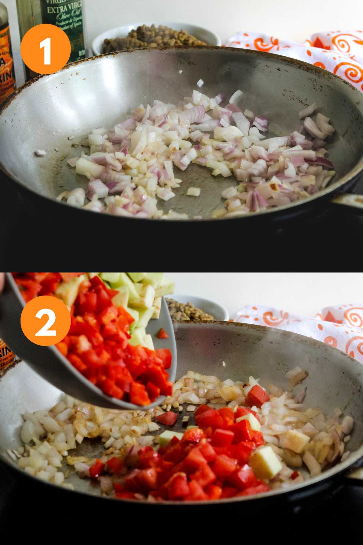 Collage of images showing cooking the vegetables in a pan to make vegan sloppy joes.