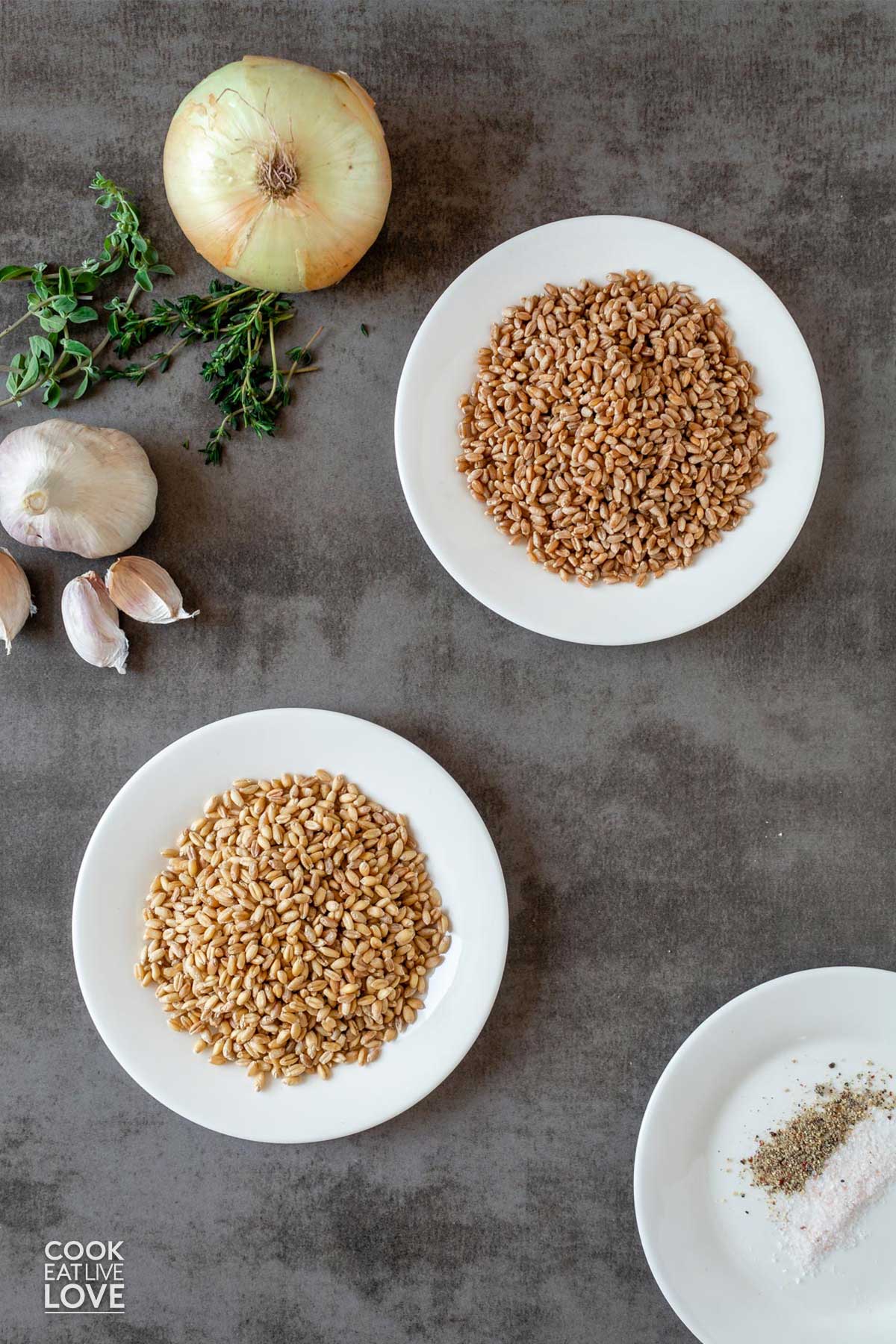 Ingredients to make wheat berries on the table.