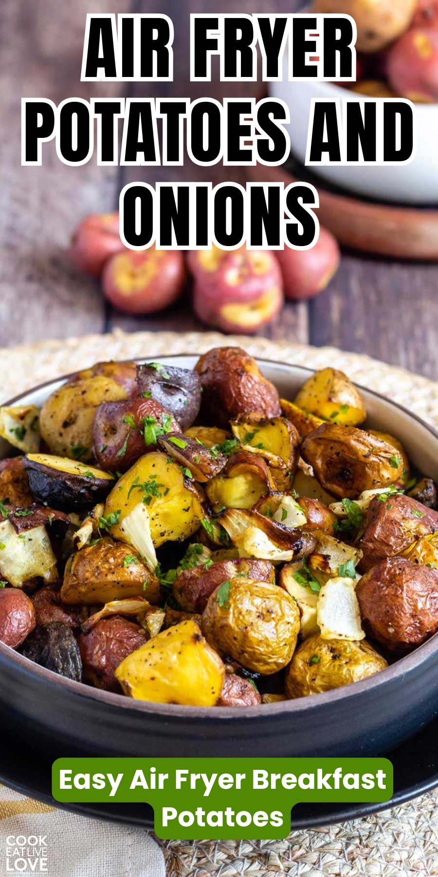 Pin for pinterest graphic with image of potatoes and onions and text on top.