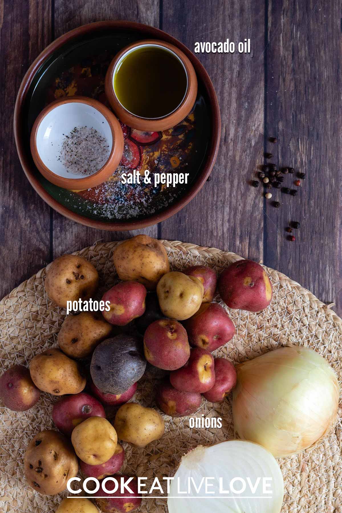 Ingredients to make air fryer potatoes and onions.
