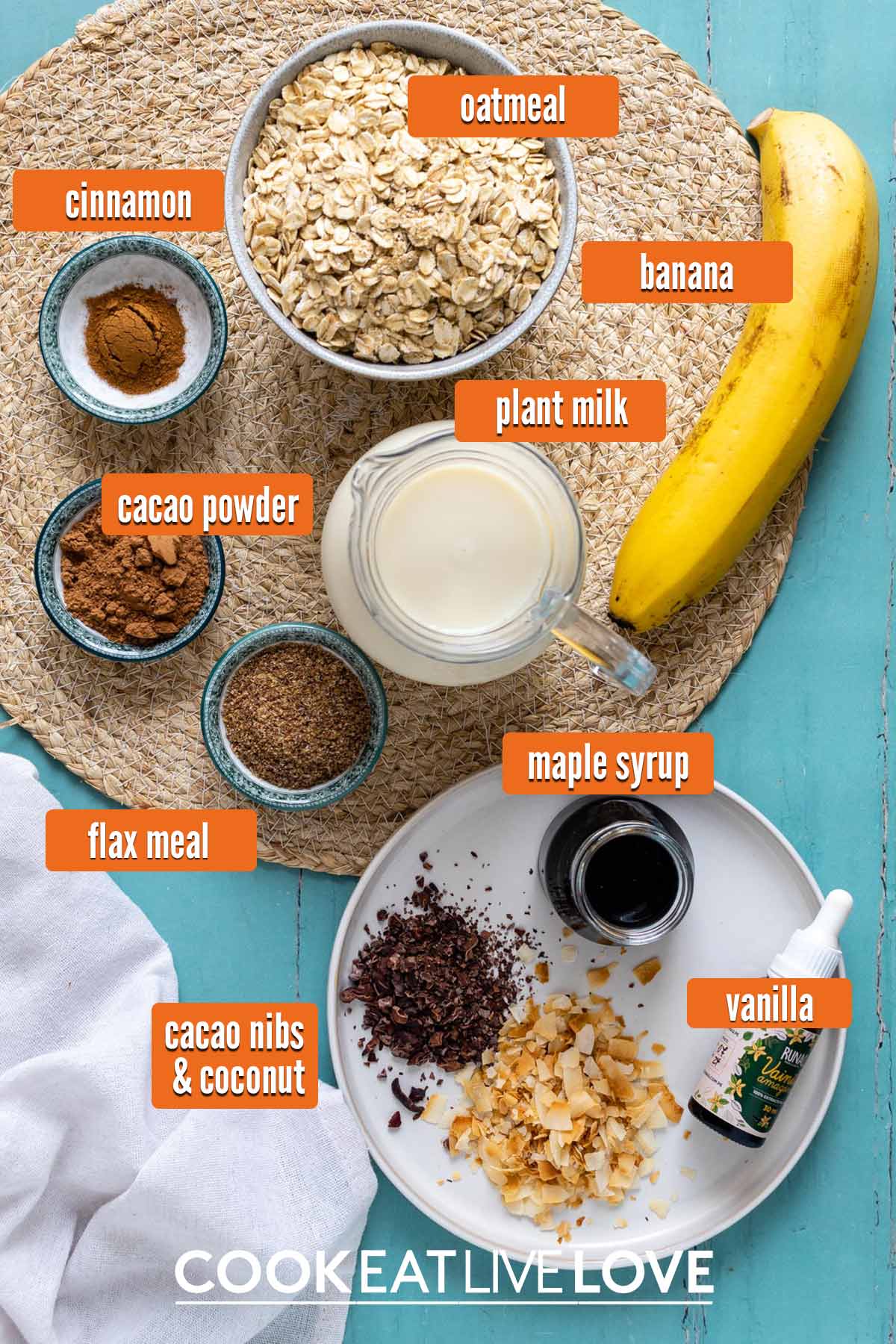 Ingredients to make banana chocolate oatmeal on the table.