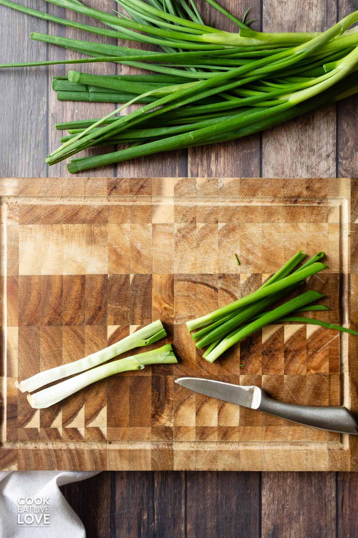 A bunch of onions cut at the white and green part.