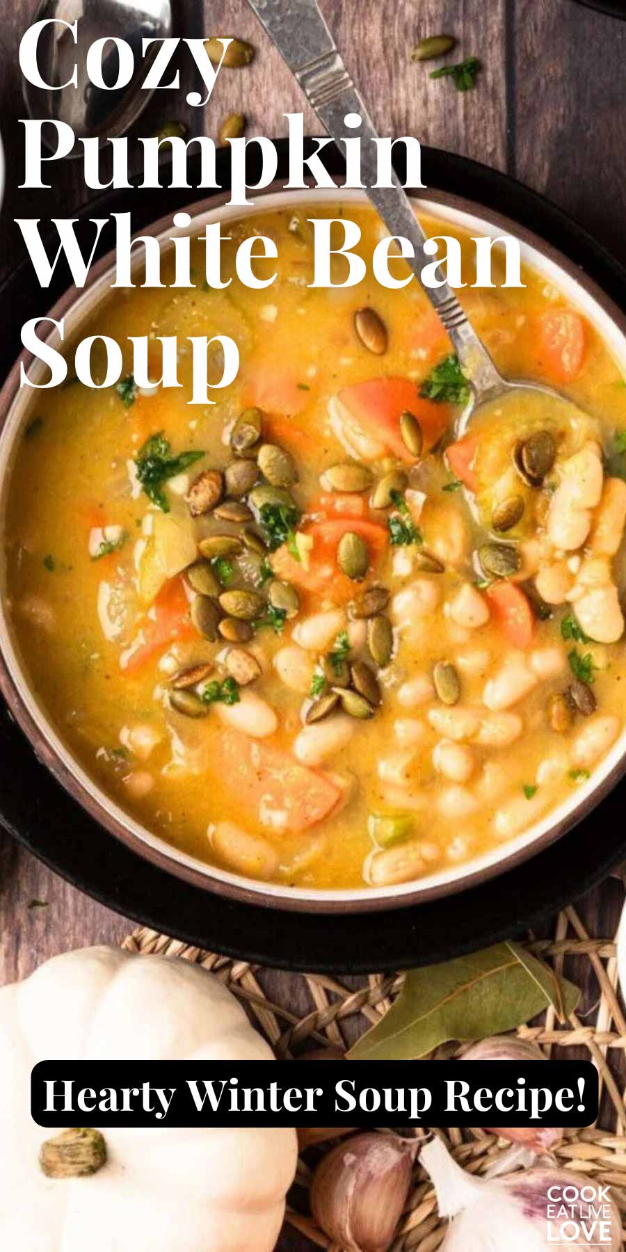 Pin for pinterest graphic with bowl of soup on the table and text on top.