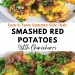 Pin for pinterest with images of chimichurri potatoes and text