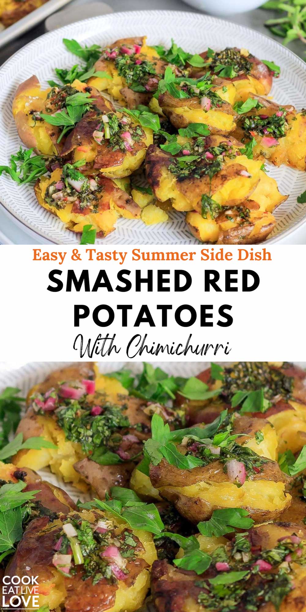 Pin for pinterest with images of chimichurri potatoes and text