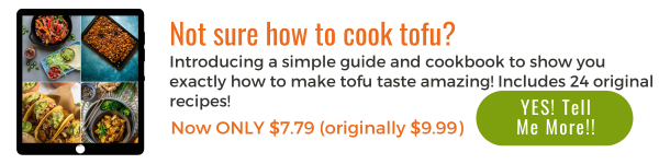 Ad for Beginner's Guide to Tofu Cookbook Orange Background with Image of various pages from book.