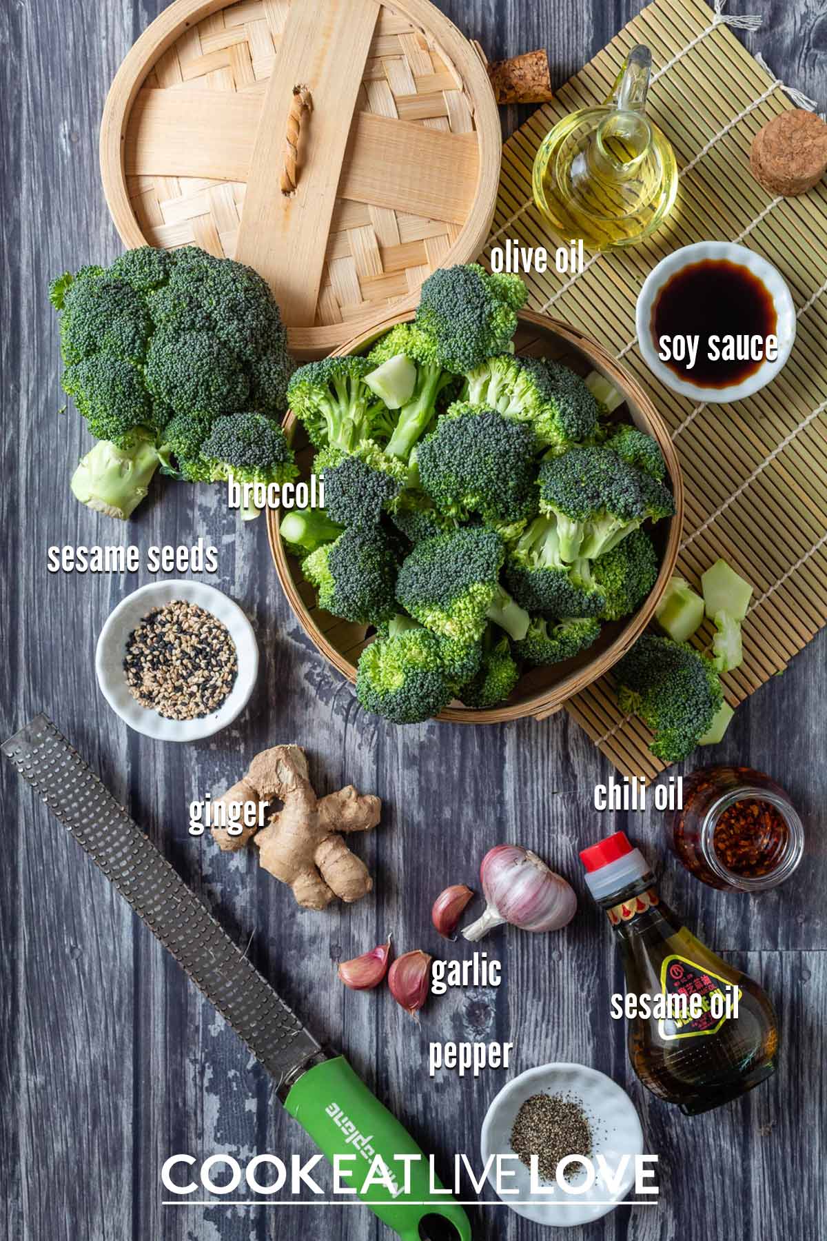 Ingredients to make asian broccoli on the table with text labels.