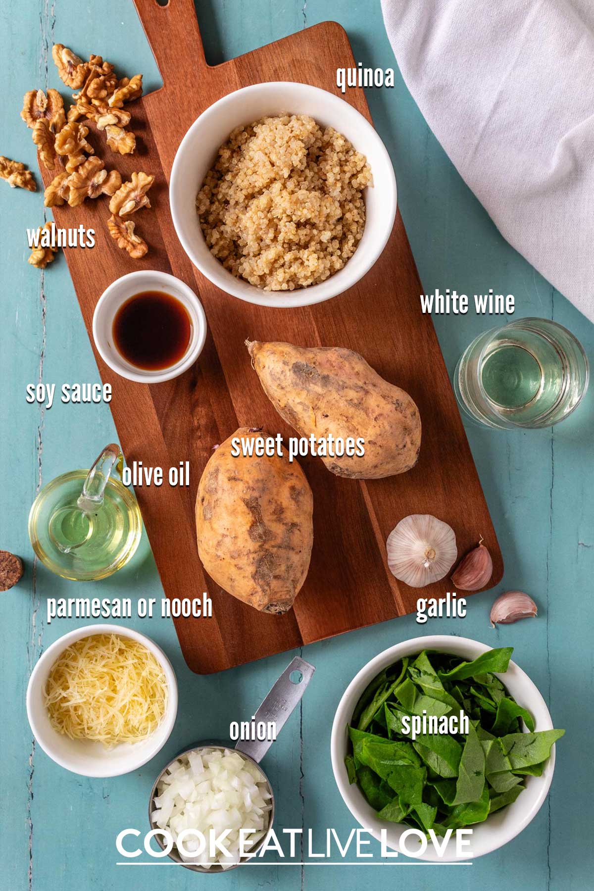 Ingredients to make baked stuffed sweet potatoes on the table.