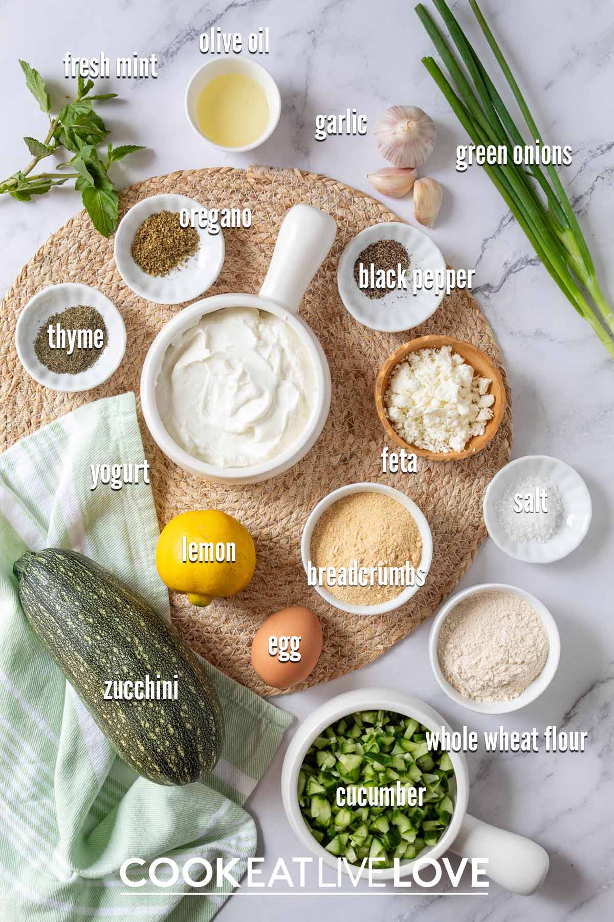 Ingredients to make baked zucchini patties on the table with text labels.
