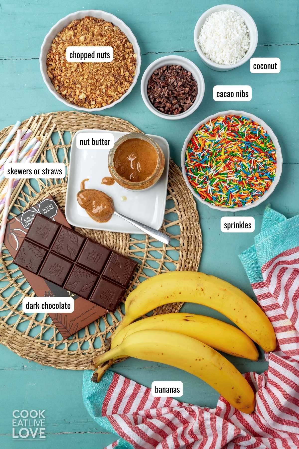Ingredients to make frozen chocolate banana bites on the table before preparing.