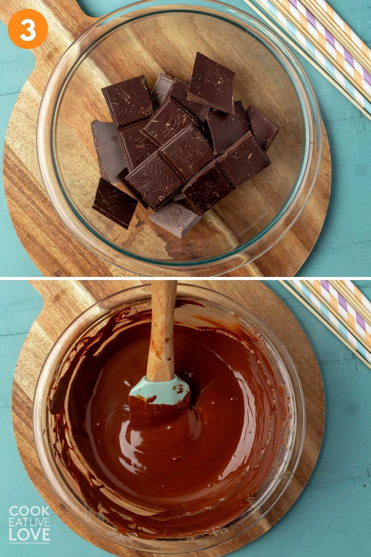Chocolate bar broken up in a bowl and then melted.