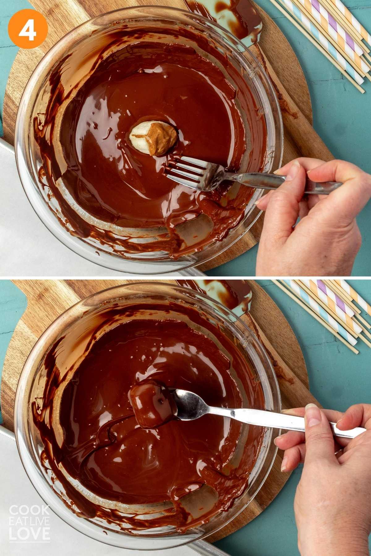 A collage of dipping the banana in melted chocolate and then holding it up above the bowl.