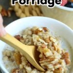Pin for pinterest graphic with image of barley porridge and text