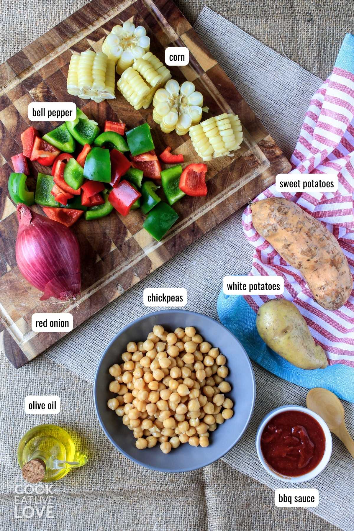 Ingredients to make bbq chickpeas on a table with text labels.