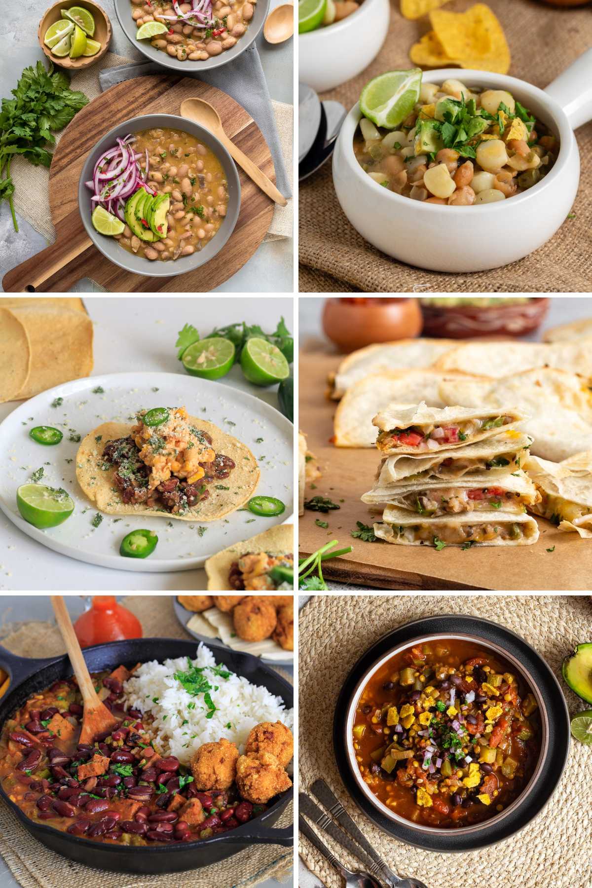 A collage of six different bean recipes including peruvian beans, chili, tostadas, quesadillas, and bowls of beans.
