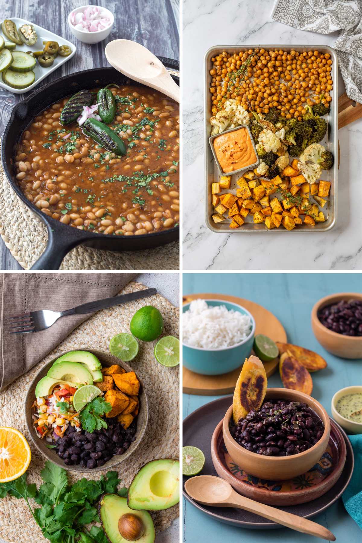 A collage of four bean recipes including baked beans, sheet pan chickpeas, burrito bowl and cuban black beans.