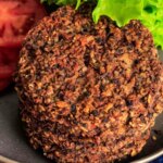 Pin for pinterest with overhead photos of ingredients to make black bean quinoa burgers and finished patties.