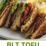 Pin for pinterest with vegan blt sandwich photo and text on top.
