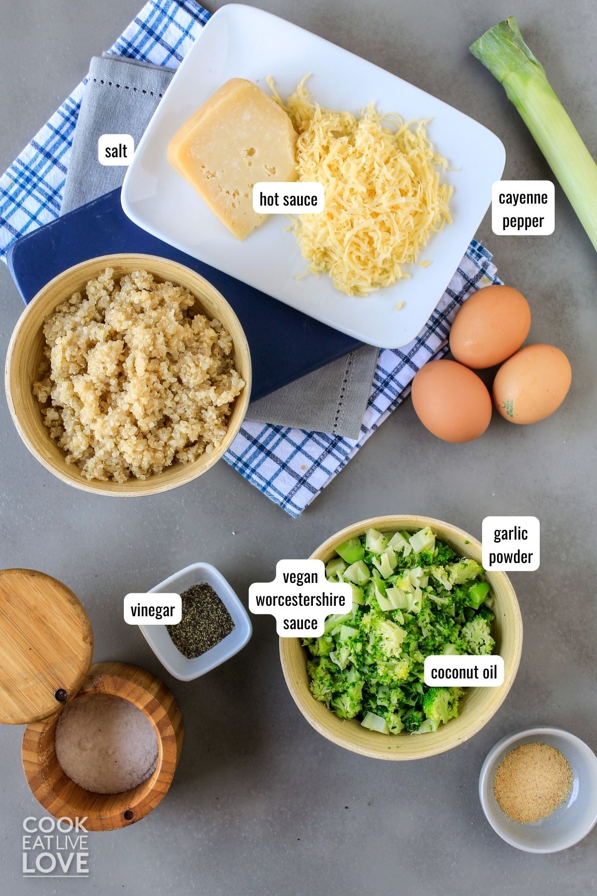 Ingredients to make broccoli quinoa bites on a table before mixing.