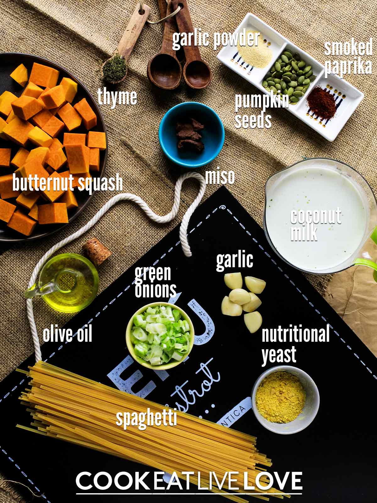 Ingredients to make butternut squash sauce for pasta.