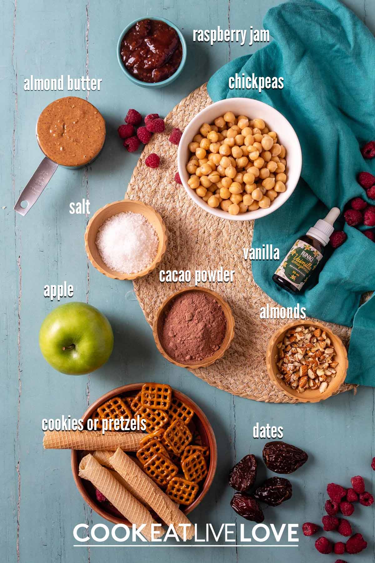 Ingredients to make chocolate hummus on the table.