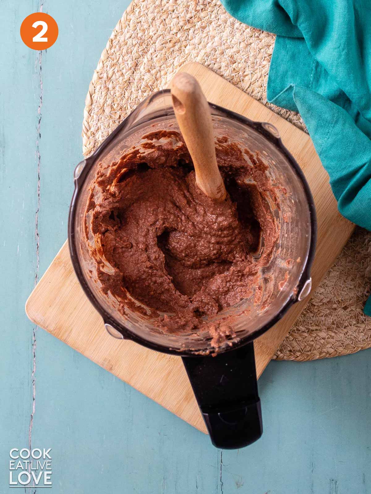 Chocolate hummus in the blender after mixing.