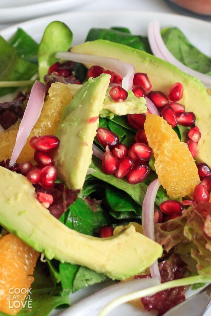 Overhead shot of final salad on a gray plate.