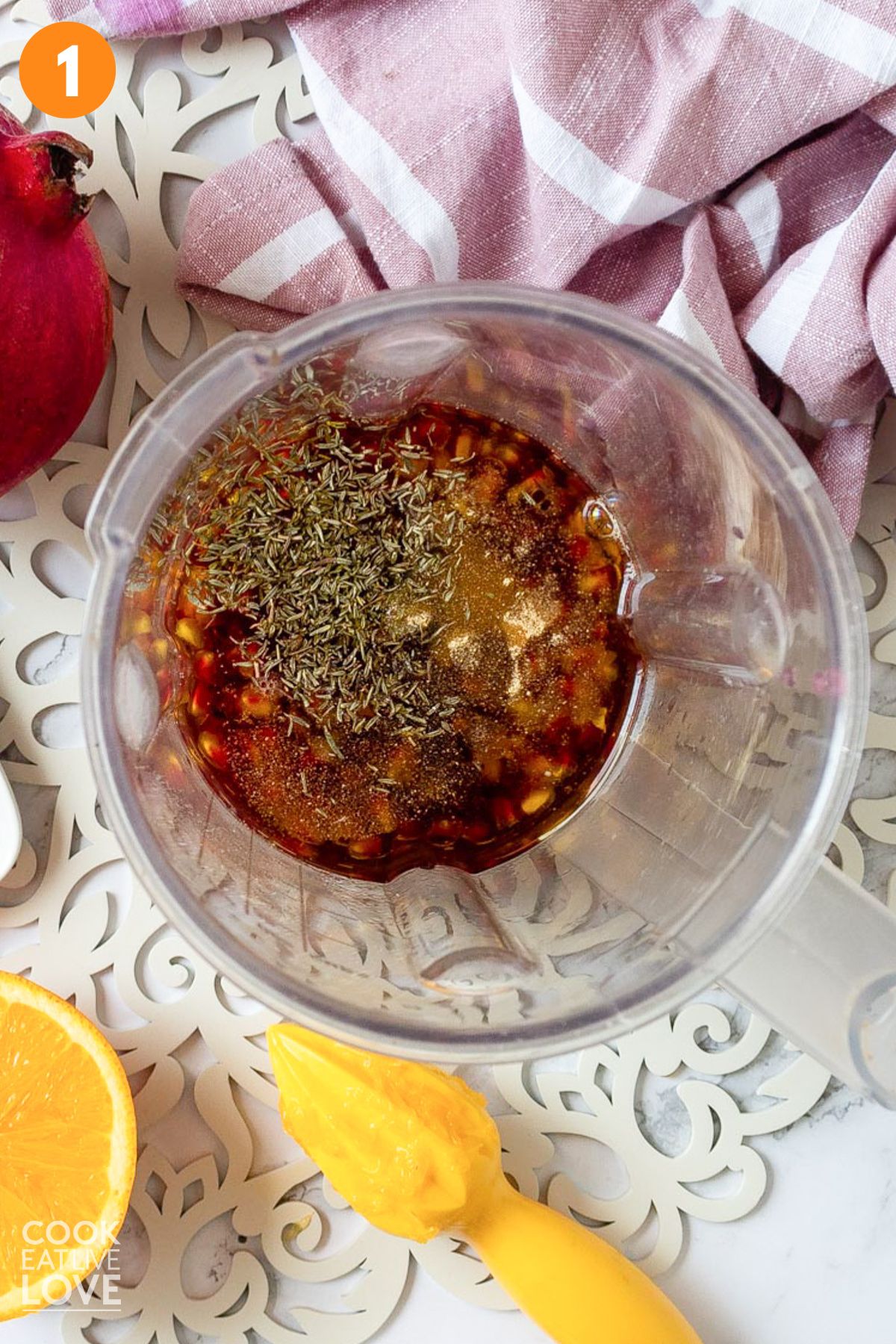 Dressing ingredients in a blender.