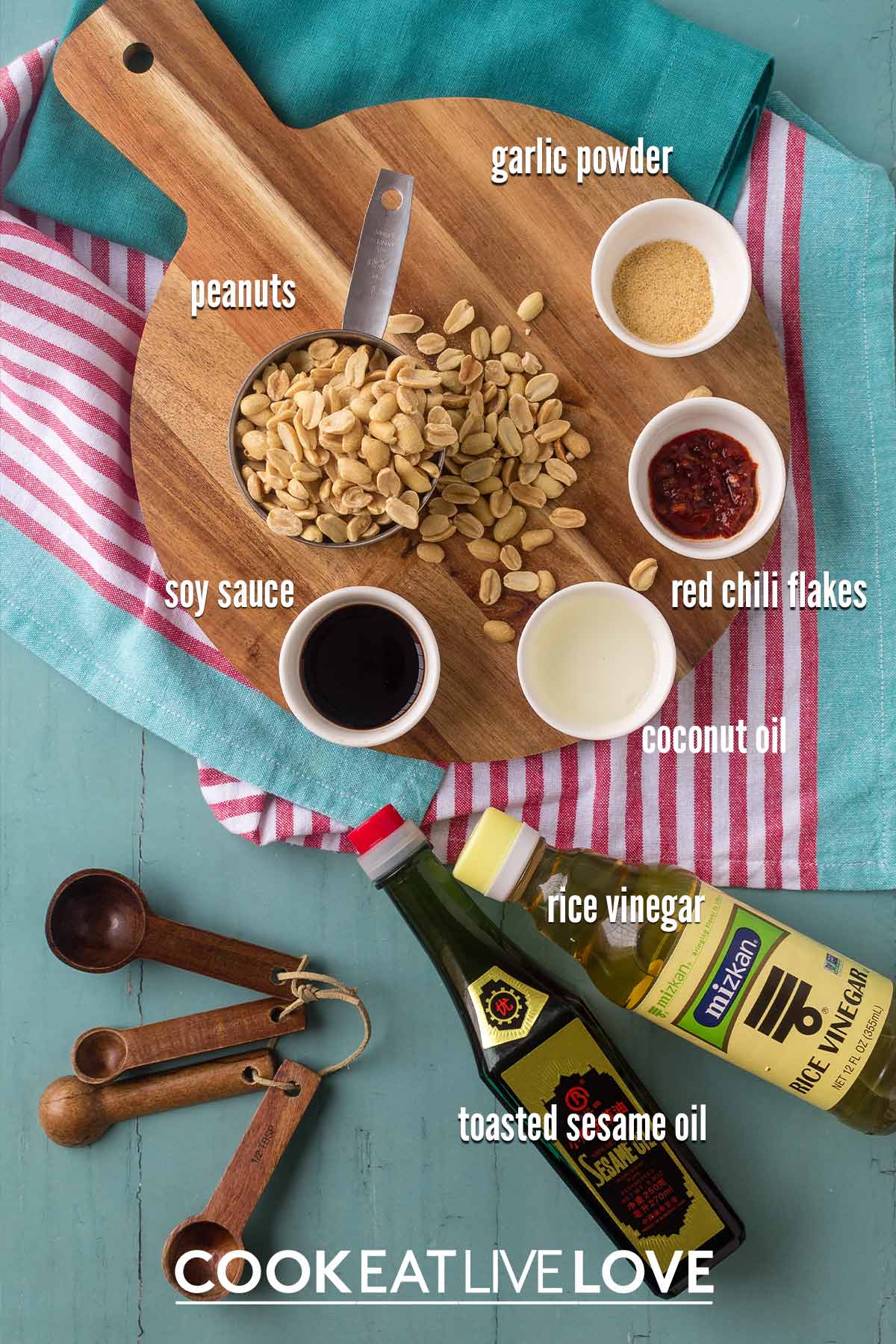 Ingredients to make 5 ingredient peanut sauce on the counter.
