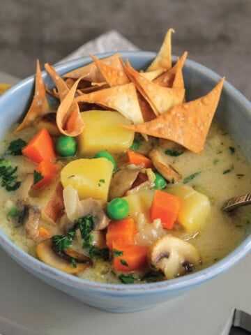 Close view of vegetable soup in blue bowl topped with wonton crackers.