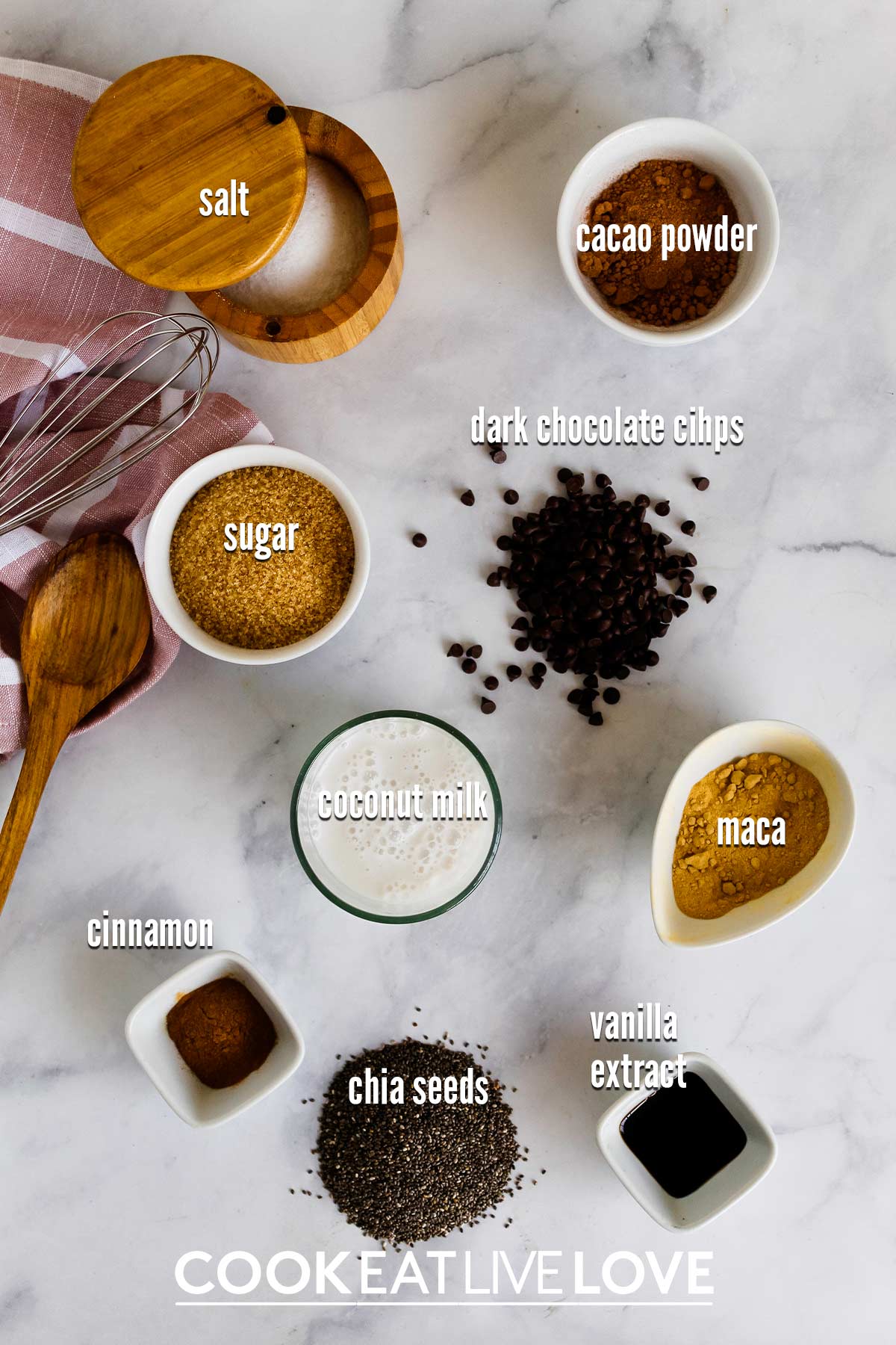 Ingredients to make chocolate chia pudding: salt, cacao powder, dark cacao chips, maca, vanilla, chia, cinnamon, coconut milk and sugar on the table.
