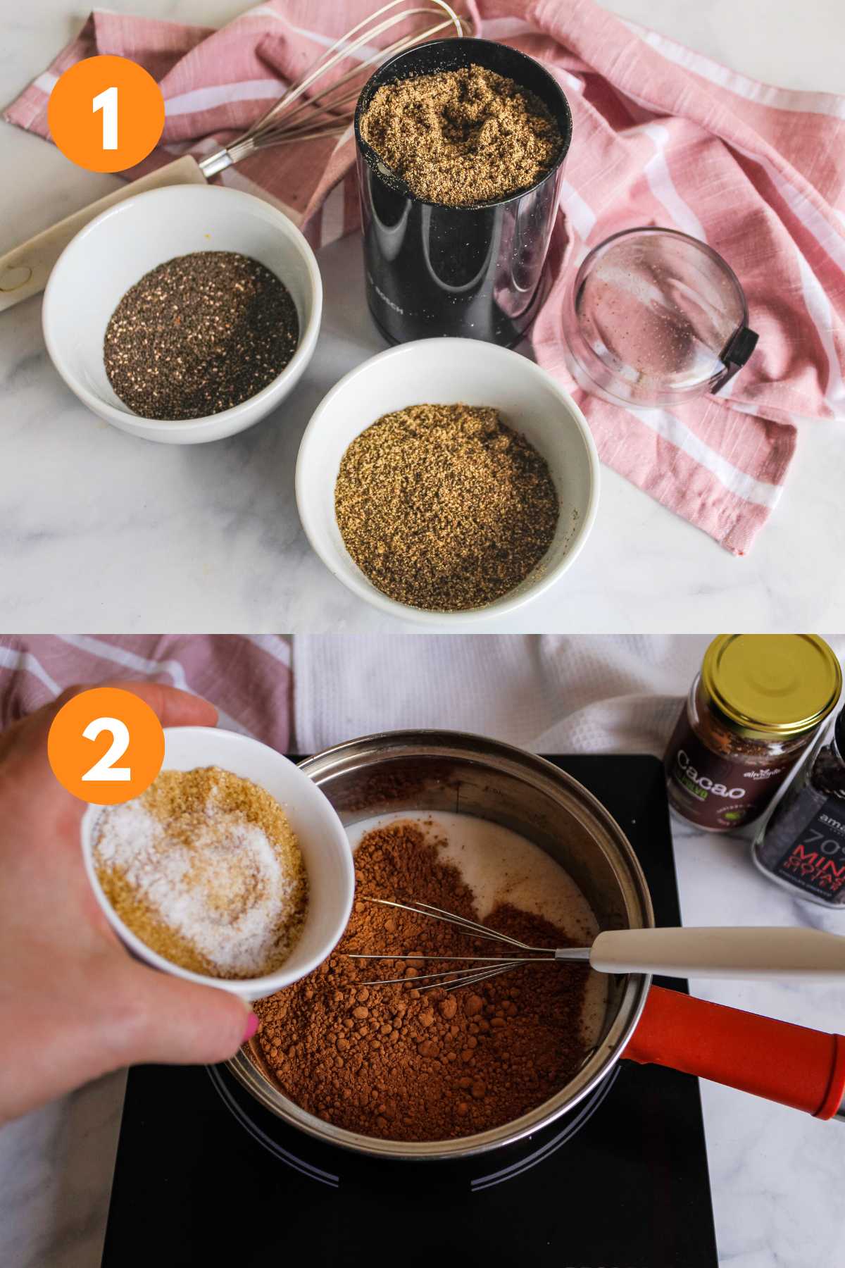 A collage of grinding the chia seeds and adding ingredients to a saucepan to cook chia pudding.