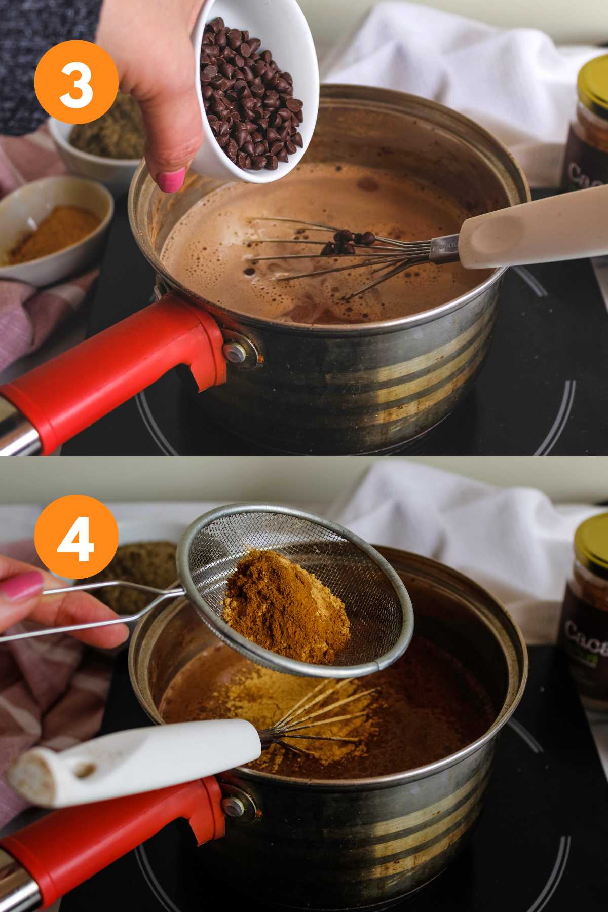 A collage of adding the chocolate chips to the pan and then the spices.