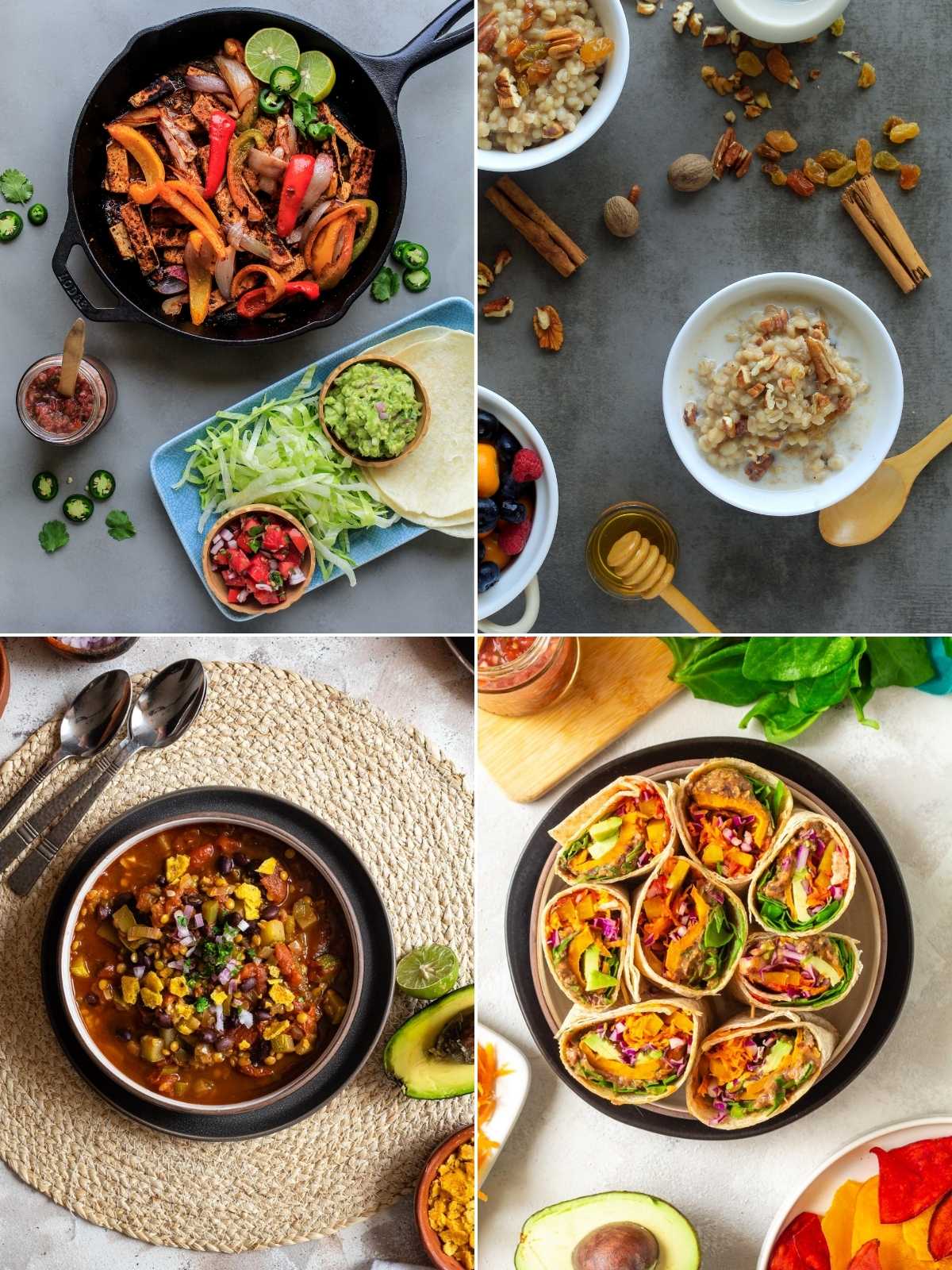 A collage of four different vegetarian meals to make.