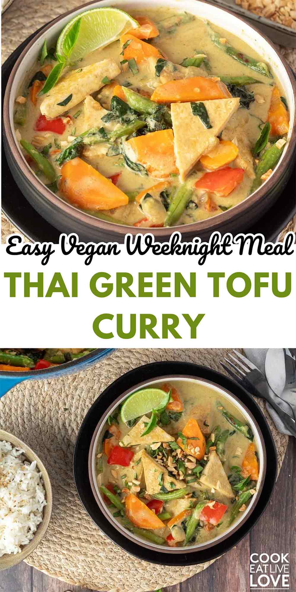 Pin for pinterest graphic with text and image of thai green curry.