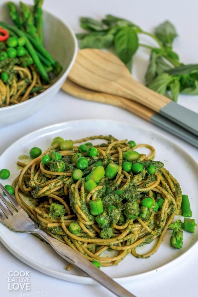 Tallarines verdes on a plate with fork